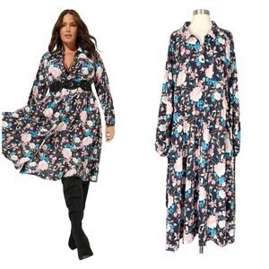 Torrid | Floral Print Crepe Plus Size Blue Pink Pocket Button Midi Dress 4 4 X